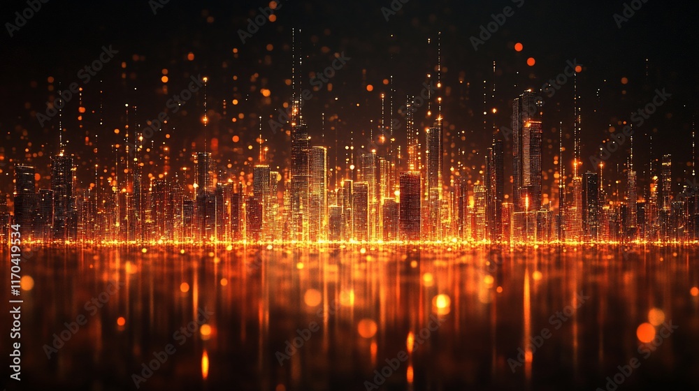 Obraz premium Glowing cityscape at night, reflected in water.