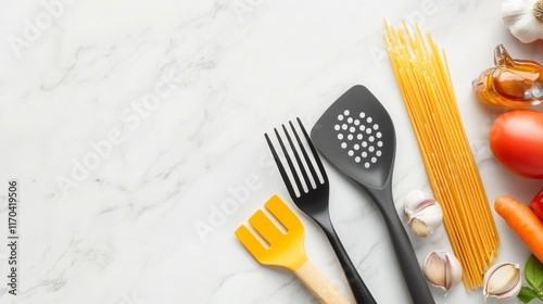 Cooking Utensils Ingredients on Marble Food Prep photo