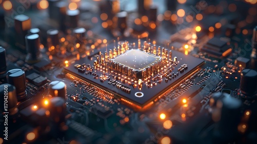 A rendered image showcasing a quantum supremacy benchmark simulation running on a virtual twin system highlighted by glowing computational nodes and leaving copy space on the right side of the frame