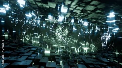 A geometric luminous sphere surrounded by platforms and lights in an abstract technological environment. Video loop seamless synchronized at 120 bmp