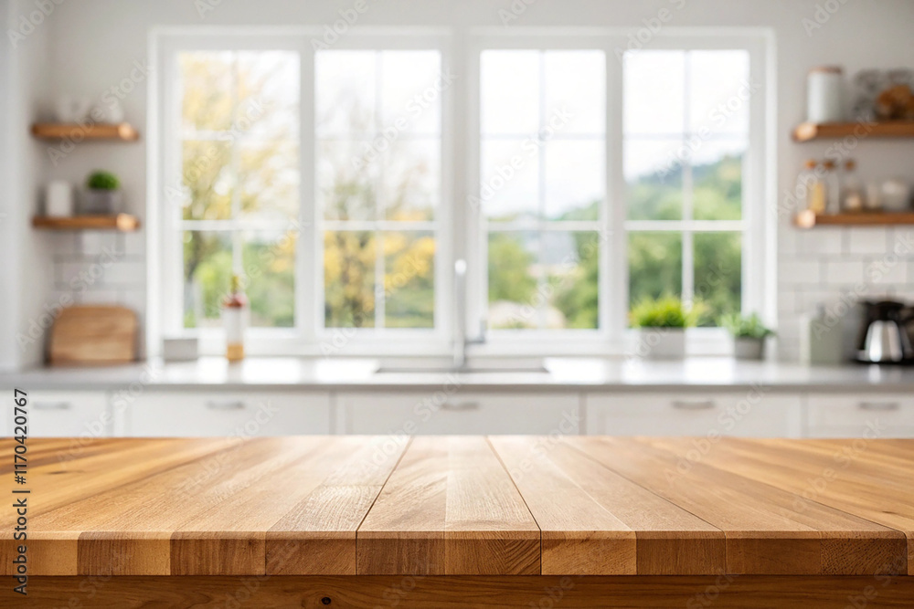 Empty wood table top on blur kitchen window background. For product or foods montage. Empty wood table top on blur kitchen window background. For product or foods montage.