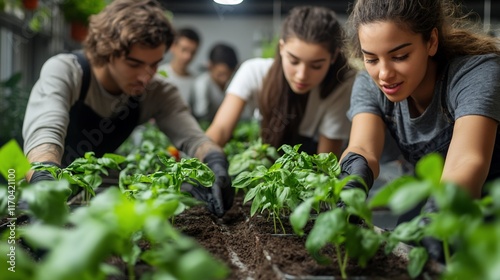 Wallpaper Mural Young adults planting basil seedlings in urban greenhouse Torontodigital.ca
