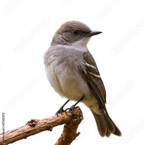 vanga flycatcher on piece of wood isolated on white background photo