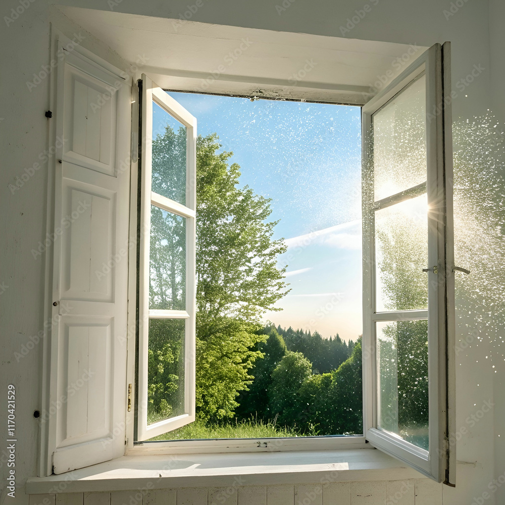 Obraz premium open white window on bright sunny day