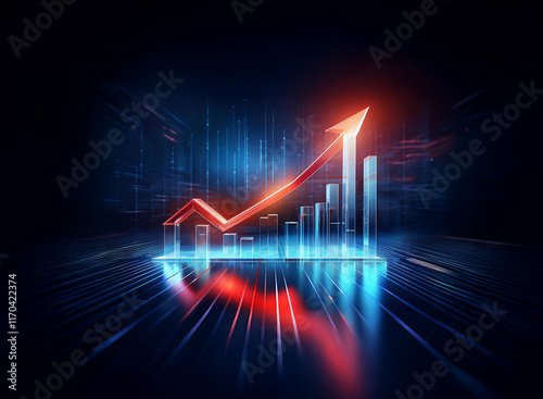 A vibrant red arrow ascends a glowing bar graph, set against a futuristic, dark cityscape.  The image symbolizes growth, progress, and technological advancement.