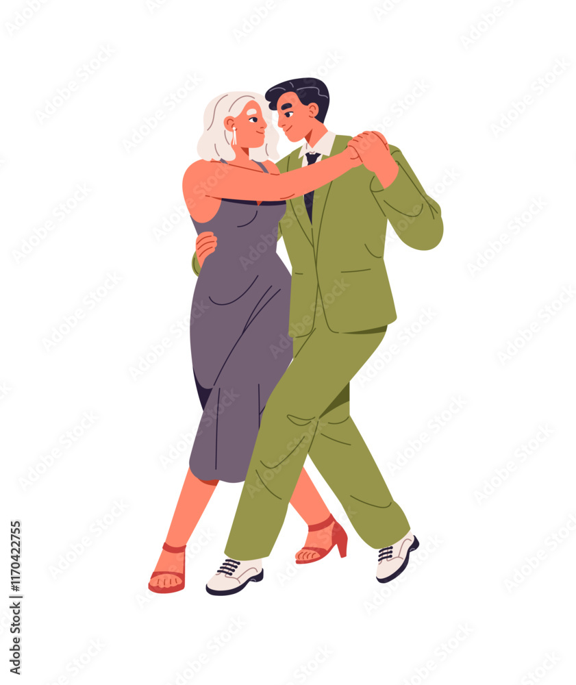 Dancers perform, show with Argentine tango in competition. Couple cuddles during dance, moves with Latin music. Performers, people do choreography in class. Flat isolated vector illustration on white