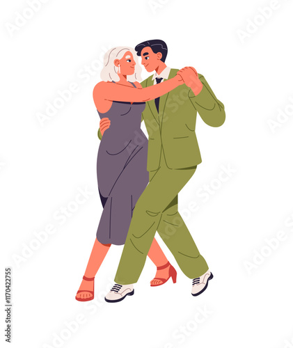 Dancers perform, show with Argentine tango in competition. Couple cuddles during dance, moves with Latin music. Performers, people do choreography in class. Flat isolated vector illustration on white