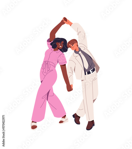Dancers partners perform with lindy hop. Couple holds hands, dances swing. Performers show choreography elements, figures with music in class. Flat isolated vector illustration on white background