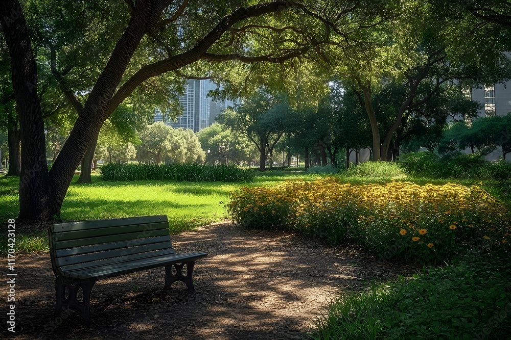 Serene urban park with a bench under the shade of lush trees and yellow flowers, modern buildings in the background Serene urban park with a bench under the shade of lush trees and yellow flowers, modern buildings in the background