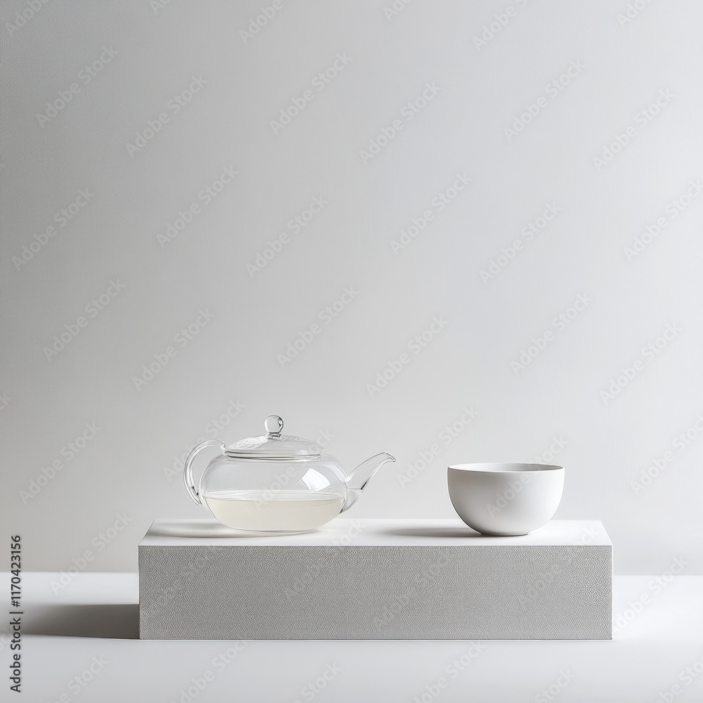 Glass teapot and bowl on minimalist platform. Glass teapot and bowl on minimalist platform.