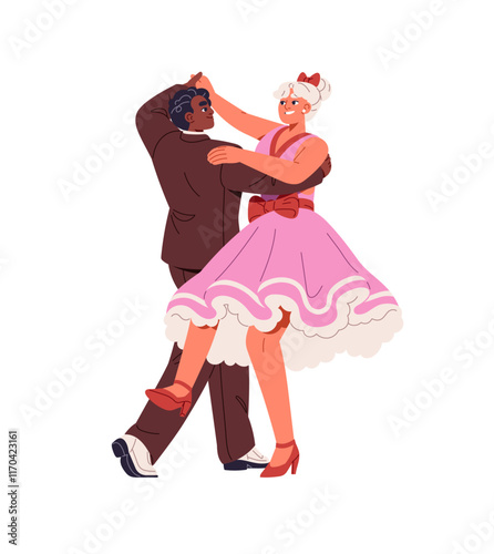 Dancers partners show Lindy hop elements, figures. Couple performs with swing in competition. Professional performers dance, move with music in class. Flat isolated vector illustration on white