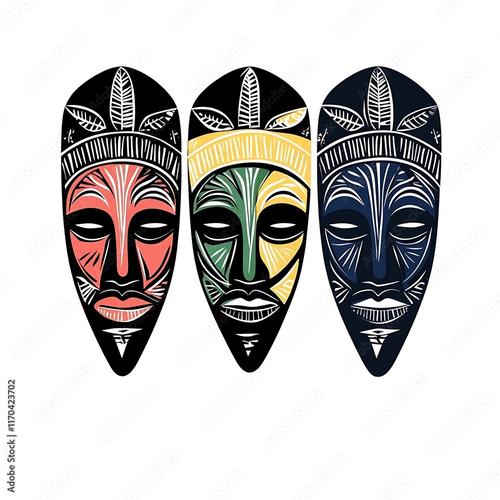 Fototapeta premium Three stylized tribal masks with vibrant colors and intricate designs.
