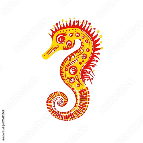 A vibrant, decorative seahorse illustration in red and yellow hues. photo