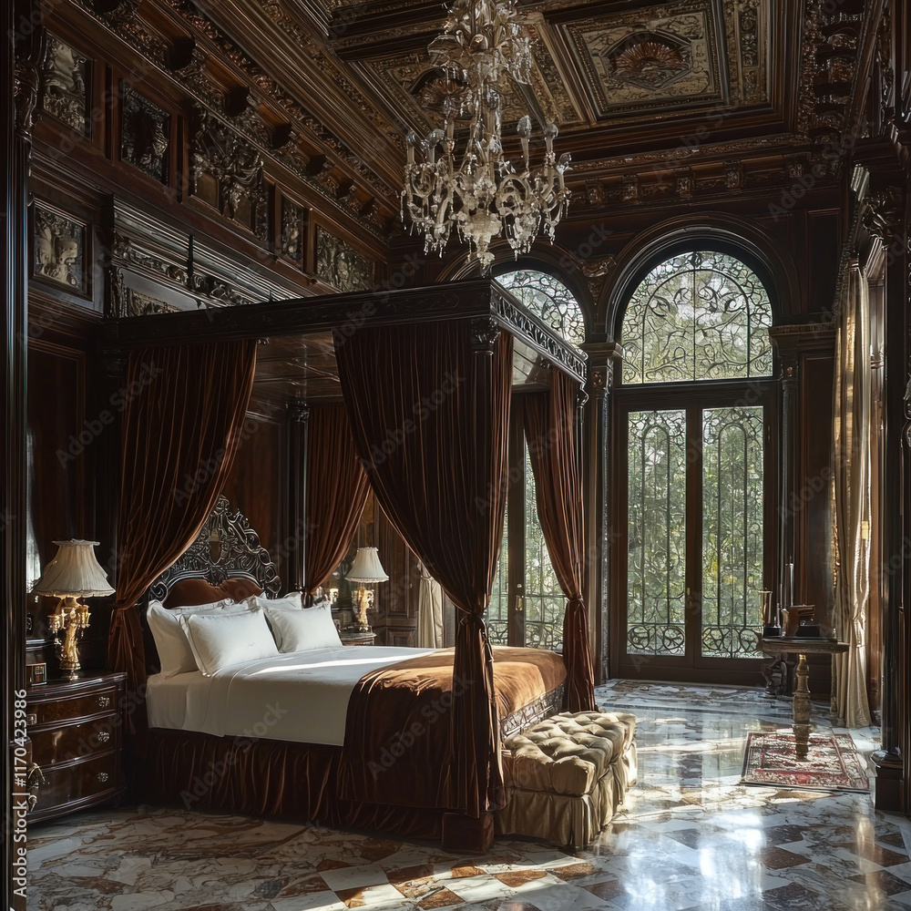 Fototapeta premium Ornate bedroom with four-poster bed, chandelier, and marble floor.