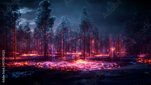 A quantum computing driven virtual twin simulation forecasting the spread patterns of forest fires using glowing heat maps leaving copy space on the right photo