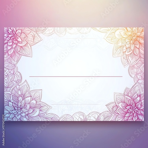 Contemporary gift certificate with mandala border design, sacred geometry patterns, blank modern fields, subtle gradient background