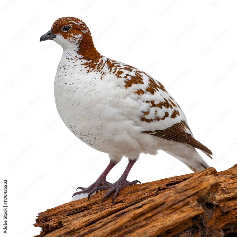 Obraz premium Willow Ptarmigan on piece of wood isolated on white background