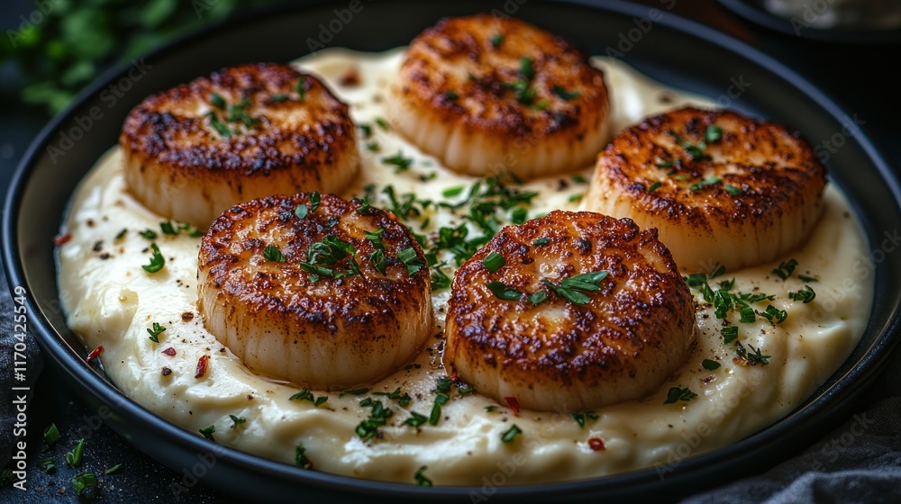 Seared scallops on creamy mashed potatoes, garnished. Seared scallops on creamy mashed potatoes, garnished.