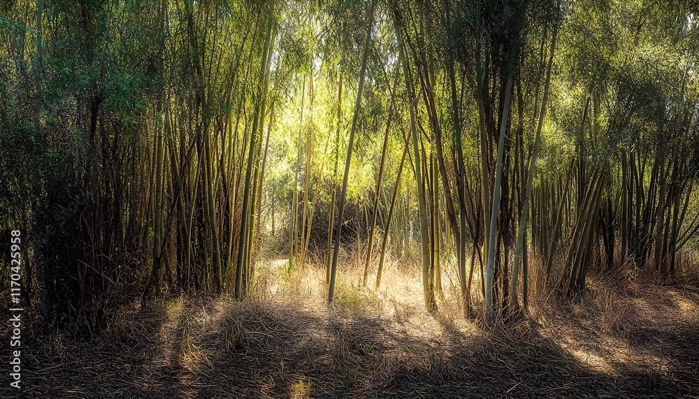 Naklejka premium Sunlit Bamboo Forest, Peaceful Nature Scene