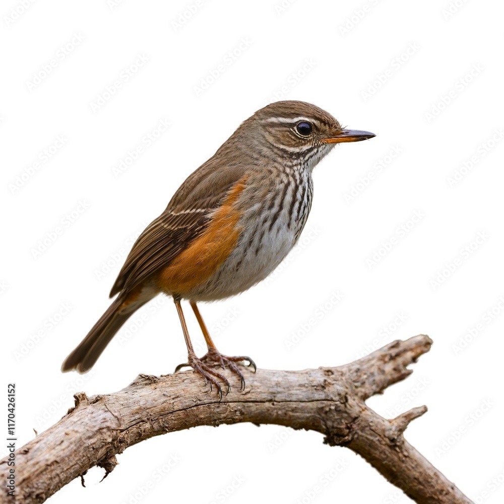 Fototapeta premium Xhosa scrub-robin on piece of wood isolated on white background