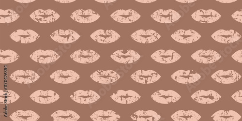Lips kiss seamless pattern mocha mousse color, mouth crayon background for Valentines Day. Woman lip grunge texture. Girl makeup doodle, smile set print 2025 year. Abstract love vector illustration