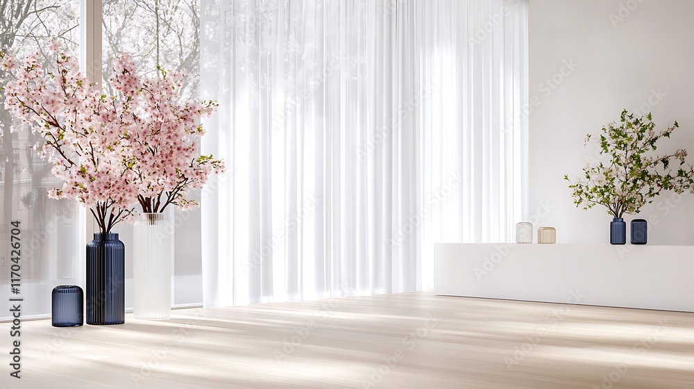 Fototapeta premium Minimalist bright room interior with cherry blossoms in vases, sunlight through sheer curtains, hardwood floor.