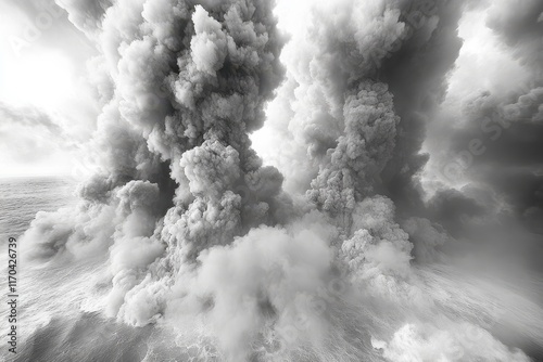 Dramatic monochrome image of a volcanic eruption at sea, billowing smoke and ash rising high into the air. photo