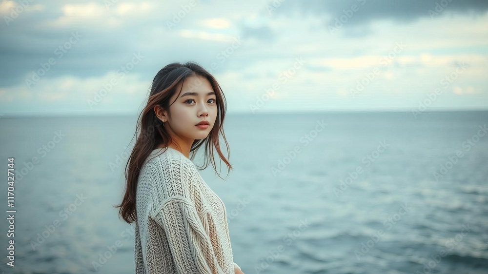 Beautiful Asian woman in casual attire, wearing a knitted sweater, gazing dreamily into the distance by the sea, girl, knitted sweater Beautiful Asian woman in casual attire, wearing a knitted sweater, gazing dreamily into the distance by the sea, girl, knitted sweater