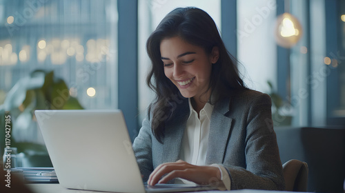 Corporate Woman: Laptop in Modern Office or Online Learning photo