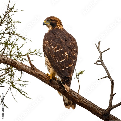 zonetailed hawk perchedon piece of wood isolated on white backgroun photo