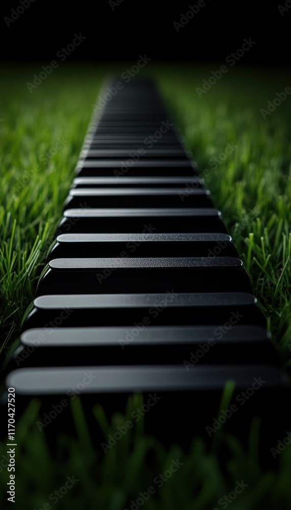 Obraz premium Black rectangular blocks in lush green grass, a path extending into the distance. Clean lines, nature contrast.