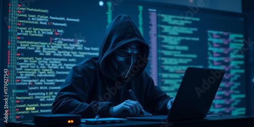 Back view of female hacker coding dangerous virus to attack company database at midnight using high-performance device, hacker, coding