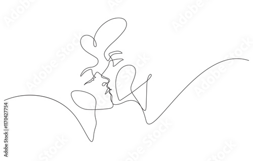 couple kissing decorative art one line drawing continuous