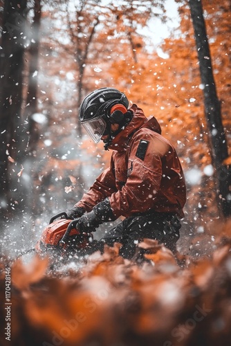 forestry worker using a chainsaw with proper safety equipment including earplugs and goggles photo