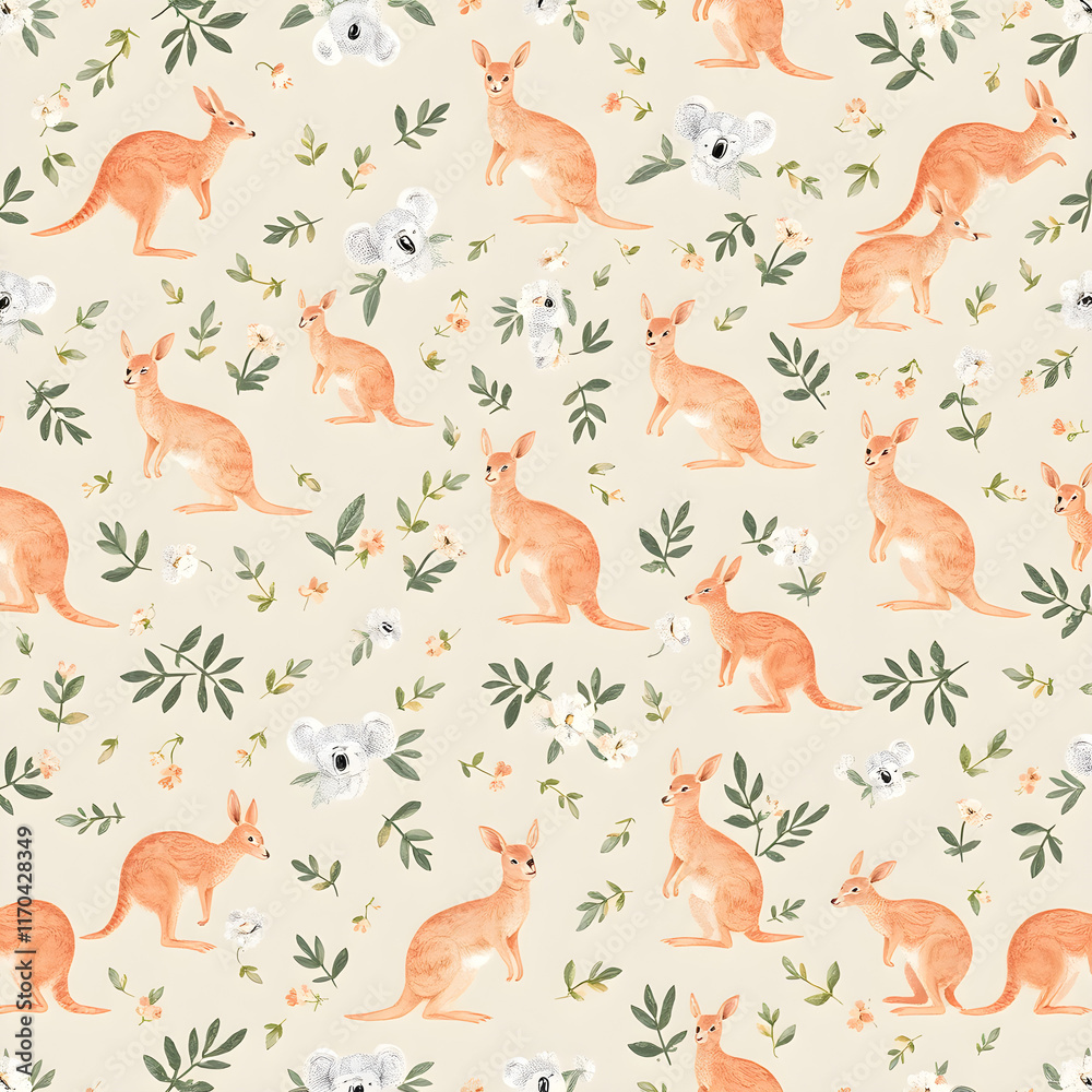 Pastel seamless pattern with kangaroos, koalas, and eucalyptus leaves in a charming Australian theme. Pastel seamless pattern with kangaroos, koalas, and eucalyptus leaves in a charming Australian theme.
