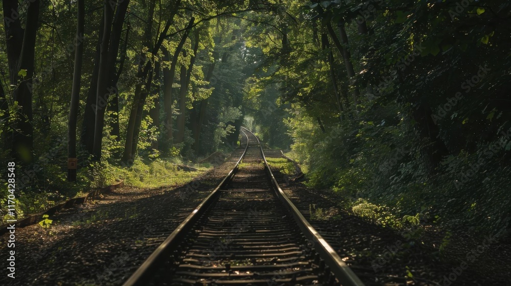 Obraz premium A serene railway track winding through a lush, green forest.