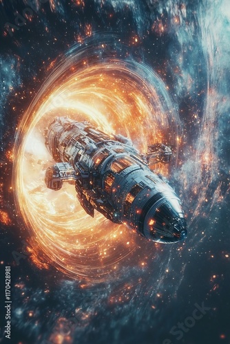 glowing spacecraft traveling through a wormhole toward uncharted space. Humanity's expansion into space