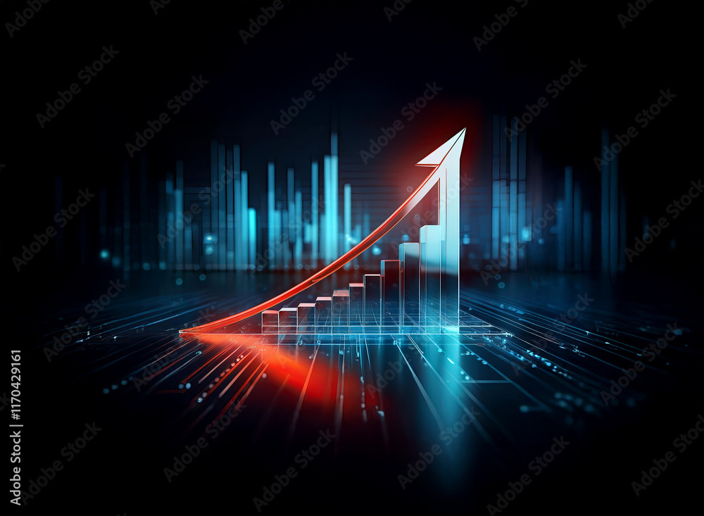 Fototapeta premium A glowing red arrow ascends a bar graph, symbolizing growth and progress against a futuristic cityscape backdrop. The scene is vibrant and dynamic, suggesting technological advancement and economic s