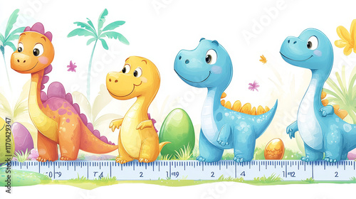 Kids height chart ruler with funny dino kids characters in eggs. Vector wall scale of growth measure with cartoon baby dinosaur animals. Cute prehistoric dino reptiles, childish height measuring chart photo