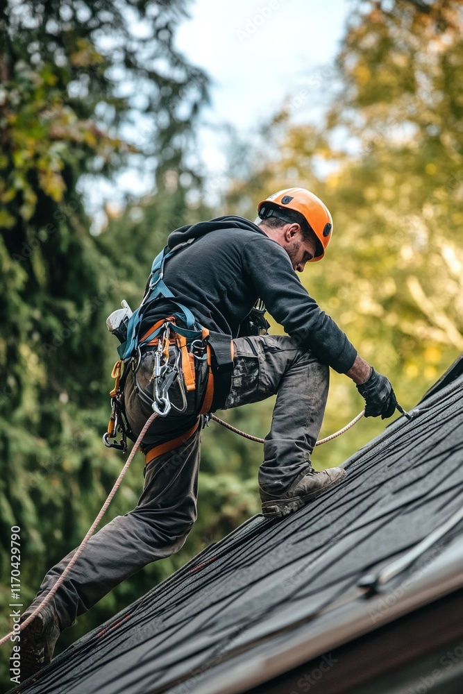 maintenance worker using a fall arrest system while repairing a roof maintenance worker using a fall arrest system while repairing a roof