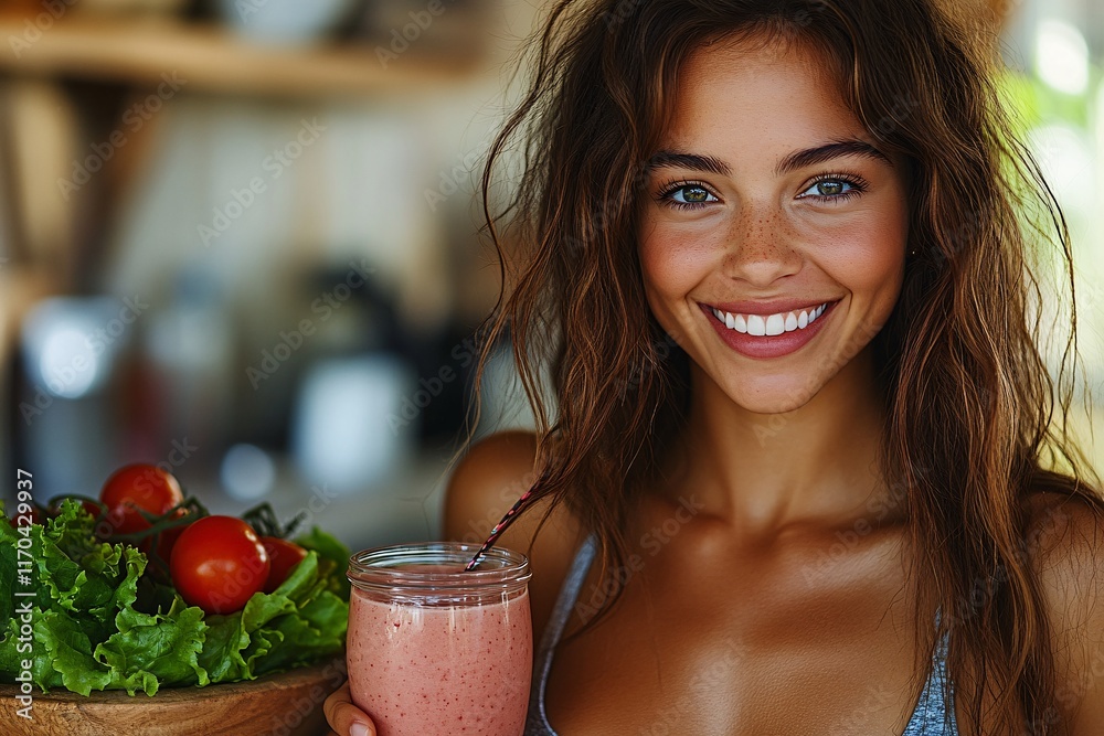 A cheerful woman holding a glass of fresh smoothie in a vibrant kitchen filled with fresh vegetables and natural light, symbolizing health and vitality A cheerful woman holding a glass of fresh smoothie in a vibrant kitchen filled with fresh vegetables and natural light, symbolizing health and vitality