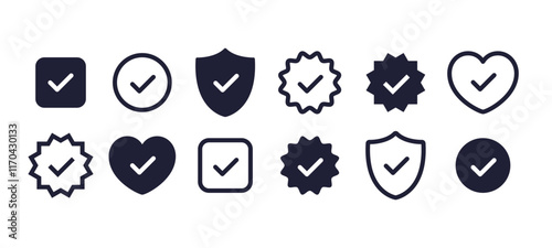 Check mark icons, security shield checkmark, heart love check icon, vector symbols with check mark. Official line and filled check mark icons. Vector illustration