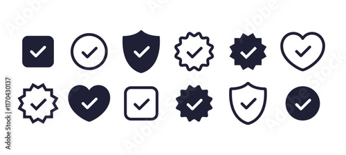 Check mark icons, security shield checkmark, heart love check icon, vector symbols with check mark. Official line and filled check mark icons. Vector illustration
