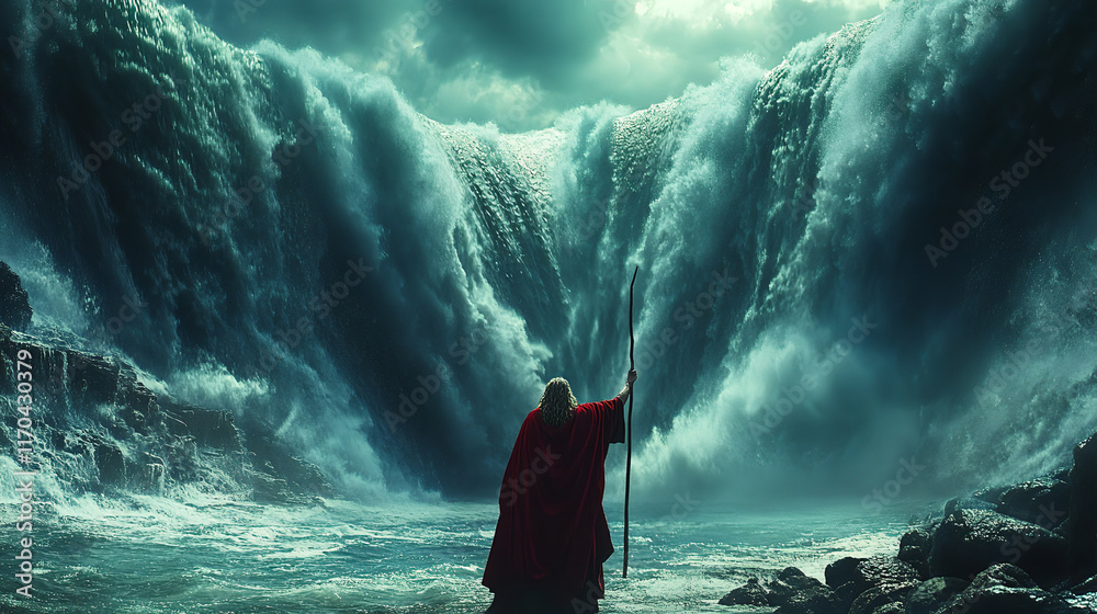 Cinematic Depiction of Moses Splitting the Sea with Staff Raised, Surrounded by Towering Water Waves – Biblical Miracle and Ancient History