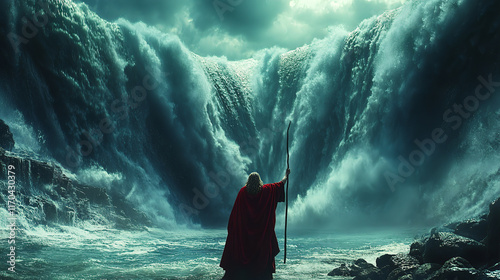 Obraz na płótnie Cinematic Depiction of Moses Splitting the Sea with Staff Raised, Surrounded by Towering Water Waves – Biblical Miracle and Ancient History w salonie