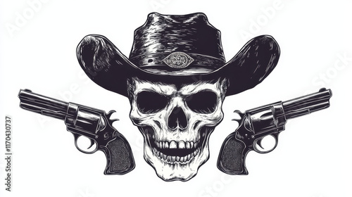 Wild West icon cowboy skull and pistol guns, American Western vector symbol. Texas saloon and Arizona rodeo ranger or bandit robber skull in cowboy hat photo