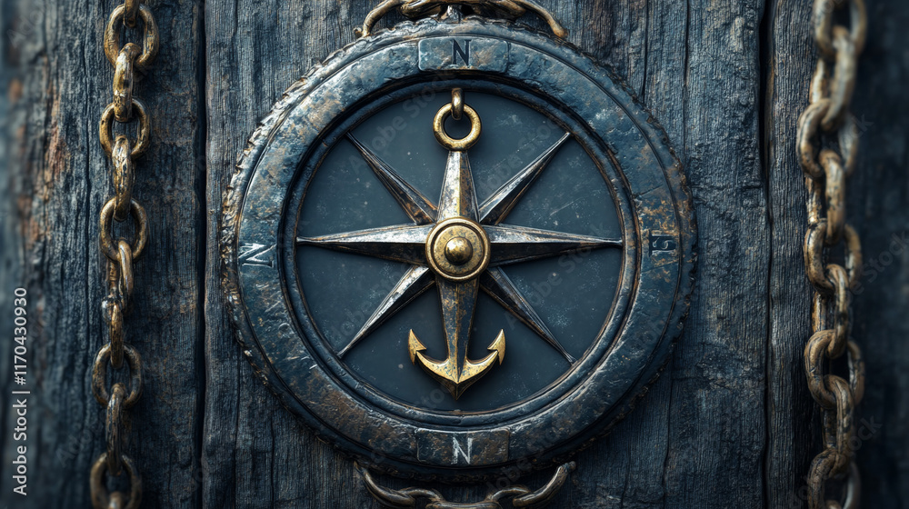 Sea school heraldic vector icon of compass and crossed anchors, nautical and sailing education. Vintage marine wind rose, sail ship or boat anchors in frame of yacht chain isolated round symbol Sea school heraldic vector icon of compass and crossed anchors, nautical and sailing education. Vintage marine wind rose, sail ship or boat anchors in frame of yacht chain isolated round symbol