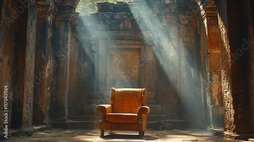 Sunbeams illuminate an armchair in ancient temple ruins.