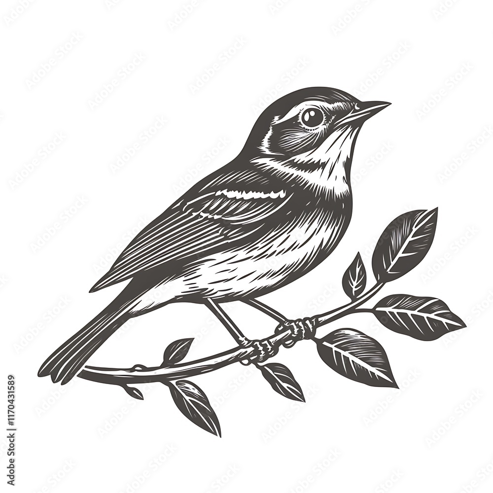 Obraz premium A detailed illustration of a bird perched on a branch with leaves.
