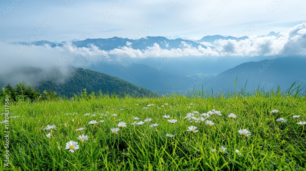 Serene Mountain Landscape with Green Grass and Clouds Serene Mountain Landscape with Green Grass and Clouds